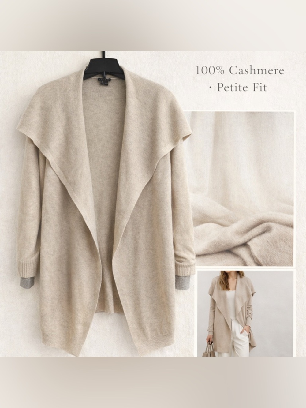 Theory 100% Cashmere Draped Open Front Cardigan Petite Beige Luxury Soft - Picture 4 of 5